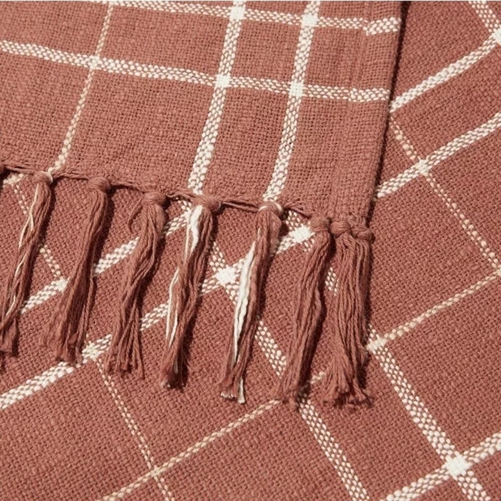 Little Korboose April Nemeth, New Woven Terracotta Plaid Cotton Throw Blanket